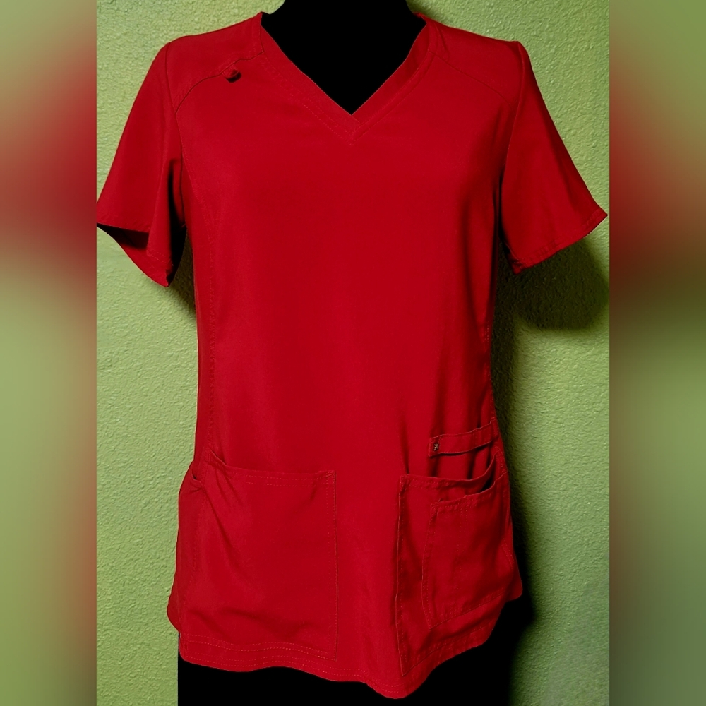 Cherokee iFlex Women's V-Neck Knit Panel Top RED Sz S Top Only Retail $32.99
